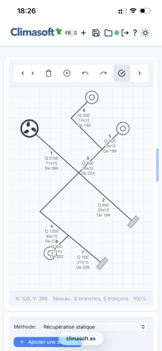 Logiciel Climasoft™ Ducts v8.0 Pro. Calcul et équilibrage des conduits d'air par récupération statique, friction égale ou vitesse constante. Multilingue